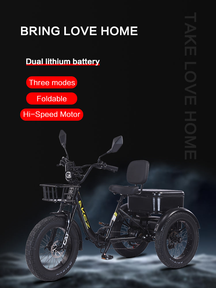 AKEZ Tri-Bike 48V 1000W Cargo Folding Electric Bike | 42Ah, 32 MPH